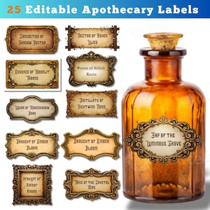 Könnte beinhalten: Eine bernsteinfarbene Apothekerflasche mit Korken und dekorativem Etikett, zusammen mit 10 verzierten Etiketten mit Text wie "Concoction of Shadow Nectar" und "25 Editable Apothecary Labels" im Vintage-Stil.