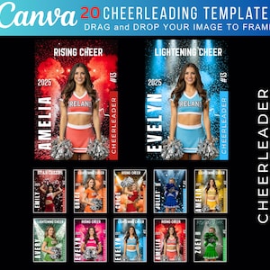 Könnte beinhalten: Eine Canva-Vorlage mit 20 Cheerleading-Designs. Die Designs zeigen Cheerleader in verschiedenen Uniformen, mit Textelementen wie Teamnamen, Cheerleader-Namen und dem Jahr 2025. Die Farbpalette umfasst Rot, Blau und Grün.