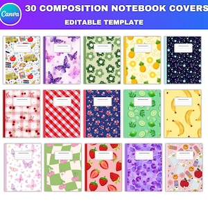30x Composition Notebook Covers Bundle, Coquette Bows Composition Notebook Canva Editable Template, Back to School, Printable Notebook Cover