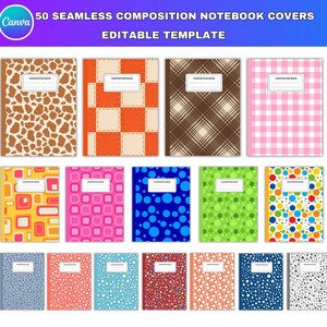 50x Seamless Composition Book Patterns with Labels, Composition Book Cover Bundle, Notebook Journal Pattern Planner Printable Back to School