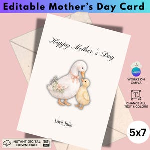Könnte beinhalten: Eine 5x7 Muttertagskarte mit einer Aquarellillustration einer Entenmutter und einem Entenküken. Die Karte trägt die Aufschrift "Happy Mother's Day" und "Love, Julie". Die Karte ist in Canva editierbar und ein sofortiger digitaler Download.