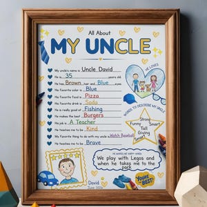 Könnte beinhalten: Ein gerahmter Druck mit dem Titel All About MY UNCLE mit ausgefüllten Zeilen in blauer und roter Tinte. Das Design zeigt gelbe Herzen, eine blaue Krawatte, eine herzförmige Familienzeichnung, einen gelben Stern mit Wörtern und ein Porträt.