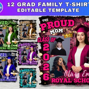 Könnte beinhalten: Vorlage für ein Abschluss-T-Shirt-Design mit dem Text "The Proud Mom" und "Class of 2026". Das Design enthält ein Foto eines Absolventen und ist in verschiedenen Farben erhältlich, darunter Grün, Blau und Lila. Der Text "Royal School" ist ebenfalls sichtbar.