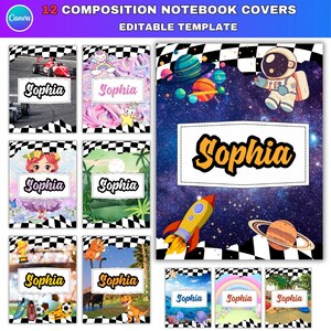 Könnte beinhalten: Ein Set aus 12 bearbeitbaren Notizbuch-Einbänden mit verschiedenen Themen wie Weltraum, Rennsport, Dinosaurier und Fantasy. Jeder rechteckige Einband zeigt den Namen Sophia auf einem weißen Etikett, umrahmt von einem schwarz-weißen Karomuster.