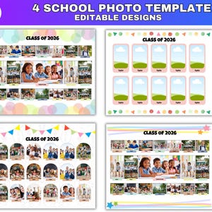 Könnte beinhalten: Vier Schulfoto-Vorlagen mit bearbeitbaren Designs, die jeweils den Text Class of 2026 enthalten. Die Layouts umfassen verschiedene Anordnungen von rechteckigen und bogenförmigen Fotorahmen, bunten Rändern, Pastellkreisen, Wimpelketten und Sternen.