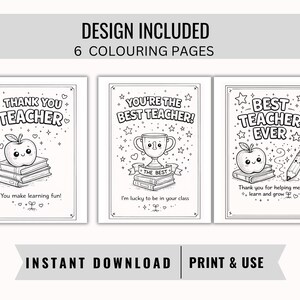 May include: Three black and white colouring pages with the phrases "Thank You Teacher", "You're the Best Teacher!", and "Best Teacher Ever". Each design includes an apple, books, and stars. The text "Instant Download Print & Use" is also present.