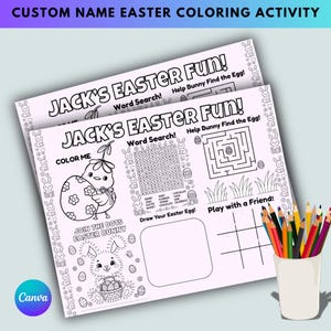 Könnte beinhalten: Zwei Malvorlagen zum Thema Ostern mit dem Text "JACK'S EASTER FUN!" und "CUSTOM NAME EASTER COLORING ACTIVITY". Jedes Blatt enthält ein Wortsuchrätsel, ein Labyrinth und einen Zeichenbereich. Rechts steht ein Becher mit Buntstiften.
