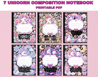 7x Unicorn Composition Notebook Cover, Composition Book Cover, Back to School Printable, School notebook covers, Instant Digital Download