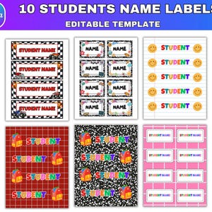 May include: A collection of editable student name labels featuring various designs including checkered patterns with race cars, school supply motifs, smiley faces on lined paper, backpacks on red grids, composition notebook patterns, and pink grids.