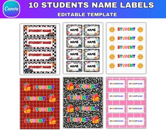 10xStudent Name Labels and Composition Notebook Classroom Decor Template, Student Name Tags and Plates, Editable Canva Classroom Decor Theme
