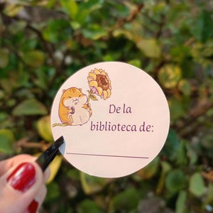 Confezione da 5 adesivi "Dalla biblioteca" | Adesivi segnalibro | Girasole e criceto kawaii | 5,2 x 5 cm | Carta lucida