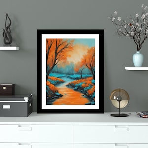 May include: Framed painting of a forest scene with a stream running through it. The trees are a mix of orange and green, and the stream is a vibrant blue. The background is a soft, hazy blue.