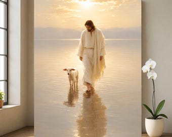 Cuadro de Jesús con el Cordero, Póster Cristiano Espiritual del Atardecer, Decoración para el Hogar con Fe