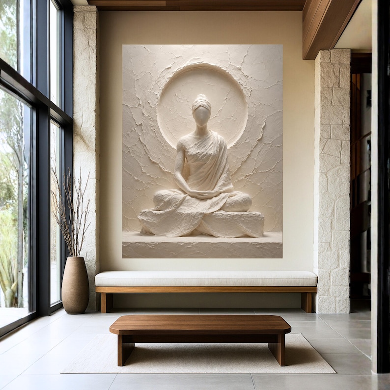 Meditative White Relief-Style Canvas Wall Art, Minimal Zen Home Decor image 4