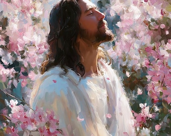 Cuadro floral de Jesús para pared, pintura cristiana, devoción pacífica, estampado floral en tonos pastel (descarga digital)