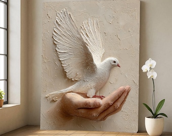 May include: A white dove with outstretched wings, perched on a sculpted hand, against a textured, off-white background. The artwork is a relief sculpture, with the dove's details and the hand's form clearly defined. A decorative piece for home decor.