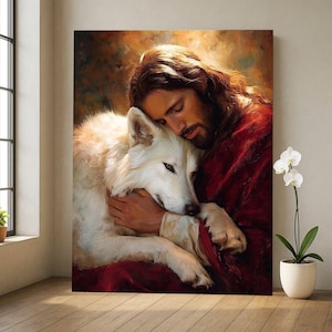 Jesus with White Wolf Canvas Wall Art – Symbolic Calm Artwork for Home