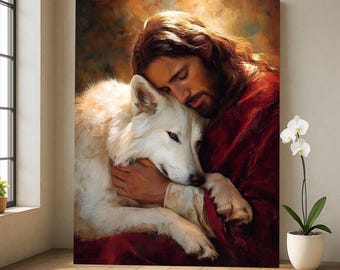Lienzo decorativo de Jesús con un lobo blanco: una obra de arte simbólica y relajante para el hogar.