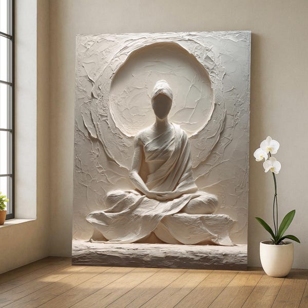Meditative White Relief-Style Canvas Wall Art, Minimal Zen Home Decor