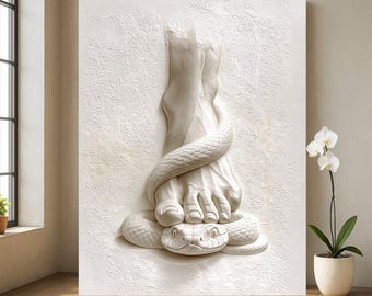 Lienzo bíblico con serpiente aplastando el pie, arte cristiano sagrado para la pared.