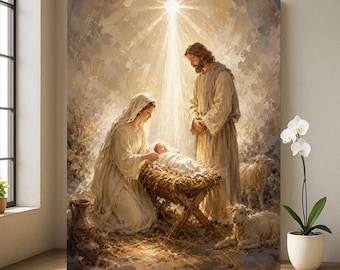 Lienzo con escena de la Natividad, arte mural cristiano de la Sagrada Familia, decoración religiosa neutra.