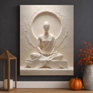 Meditative White Relief-Style Canvas Wall Art, Minimal Zen Home Decor image 1