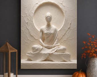 Lienzo decorativo de pared con relieve blanco meditativo, decoración minimalista zen para el hogar.