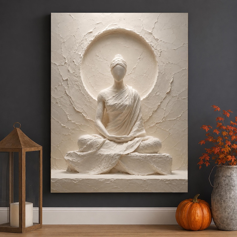 Meditative White Relief-Style Canvas Wall Art, Minimal Zen Home Decor image 1
