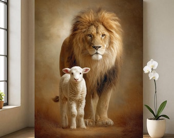 Lienzo decorativo de león y cordero, obra de fe cristiana, decoración bíblica y pacífica para el hogar.