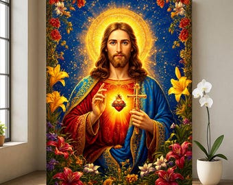 Lienzo con la imagen del Sagrado Corazón de Jesús, arte mural religioso floral cristiano.