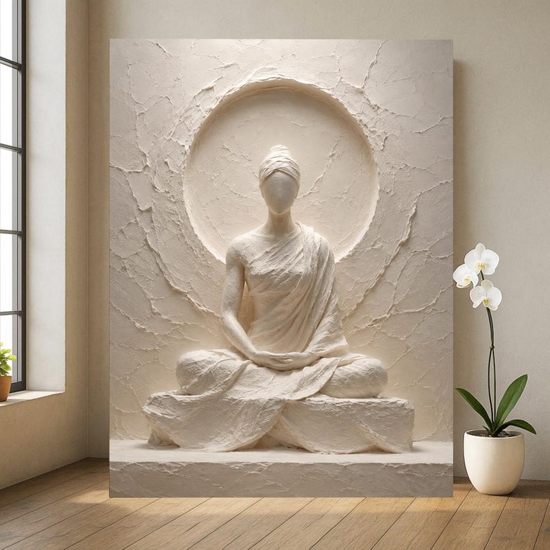 Meditative White Relief-Style Canvas Wall Art, Minimal Zen Home Decor image 2