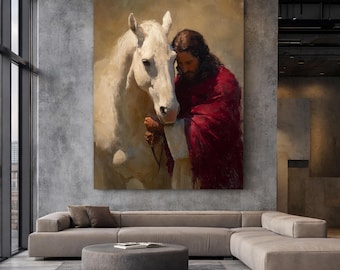 Lienzo de Jesús con caballo blanco, arte de pared, decoración cristiana para sala de estar