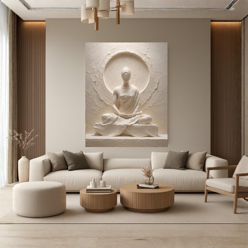Meditative White Relief-Style Canvas Wall Art, Minimal Zen Home Decor image 6