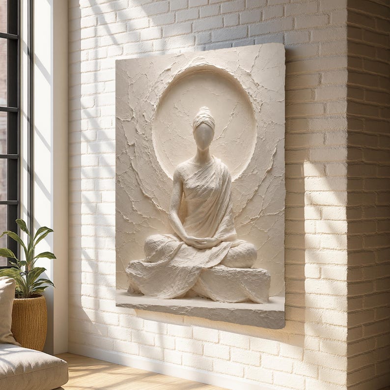 Meditative White Relief-Style Canvas Wall Art, Minimal Zen Home Decor image 7