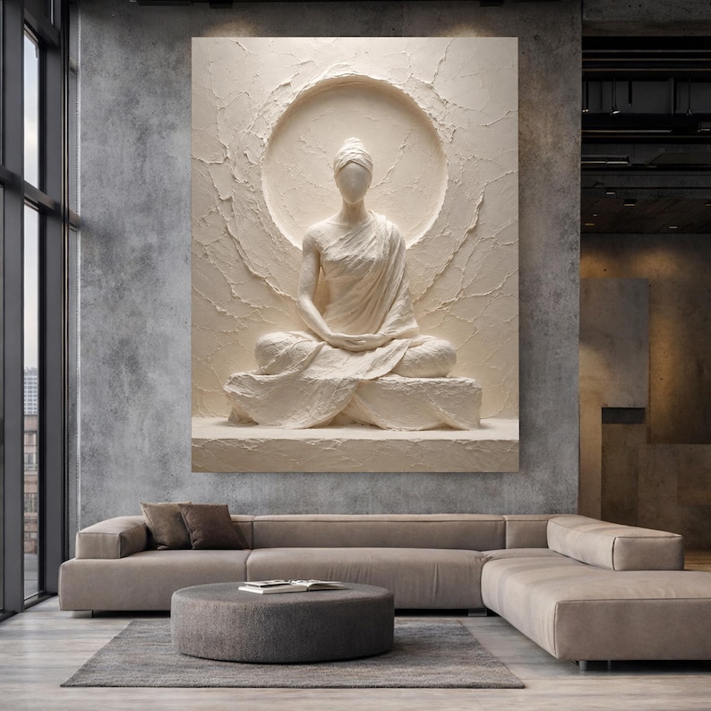 Meditative White Relief-Style Canvas Wall Art, Minimal Zen Home Decor image 3