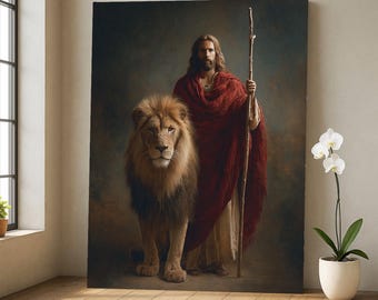 Lienzo decorativo de Jesús y el león: pintura religiosa cristiana, decoración del hogar con fe