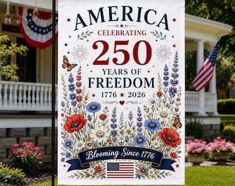 Bandera de jardín America 250, decoración patriótica para el Día de la Independencia con flores silvestres