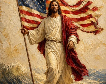 Decoración de pared con la bandera estadounidense y la imagen patriótica de Jesús, imprimible con motivos de la fe cristiana (descarga digital).