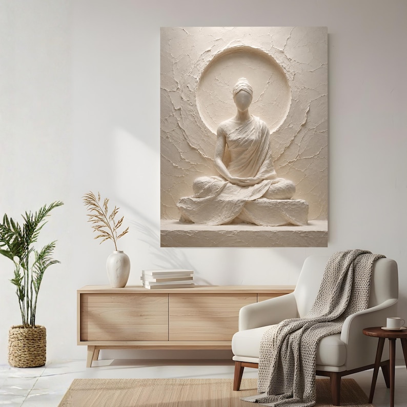 Meditative White Relief-Style Canvas Wall Art, Minimal Zen Home Decor image 5