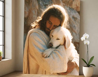 Lienzo decorativo de Jesús abrazando a un perro blanco: obra de arte con un toque de calma simbólica