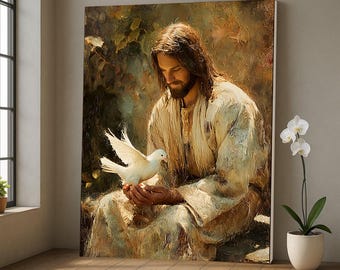 Lienzo de Jesús con paloma, pintura al óleo cristiana, decoración religiosa para el hogar.