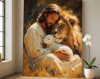 Lienzo de Jesús, león y cordero, decoración cristiana para el hogar, pintura religiosa pacífica.