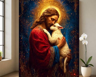 Cuadro de Jesús sosteniendo un cordero, arte mural cristiano, pintura del Buen Pastor, decoración religiosa para el hogar.