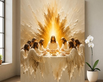 Cuadro de la Última Cena en lienzo, decoración cristiana de los apóstoles de Jesús, pintura religiosa con luz dorada.