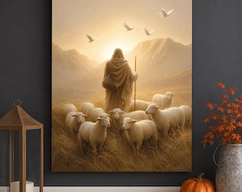 Lienzo cristiano del Buen Pastor, Jesús con ovejas, obra de arte religiosa, decoración bíblica neutra