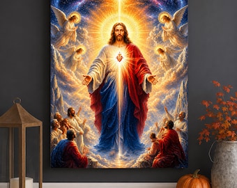 Sacred Heart Jesus Canvas – Christian Wall Art with Angels – Divine Light Religious Home Decor