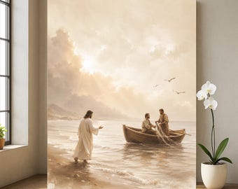 Cuadro de Jesús caminando por la orilla, arte cristiano para pared, pintura bíblica de un barco, decoración costera.