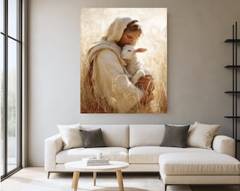 Jesus Holding Lamb Canvas Art – Soft Christian Wall Decor
