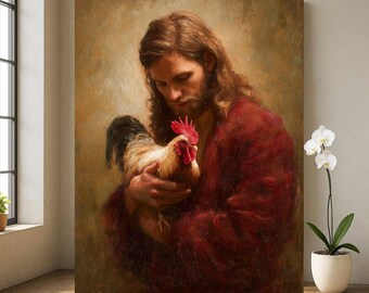 Lienzo decorativo de Jesús sosteniendo un gallo: regalo religioso de decoración para el hogar, estilo granja cristiano