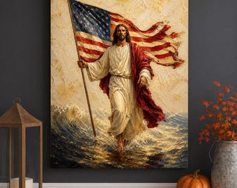 Jesus American Flag Canvas Print, Patriotic Christian Wall Art, God Bless America Decor